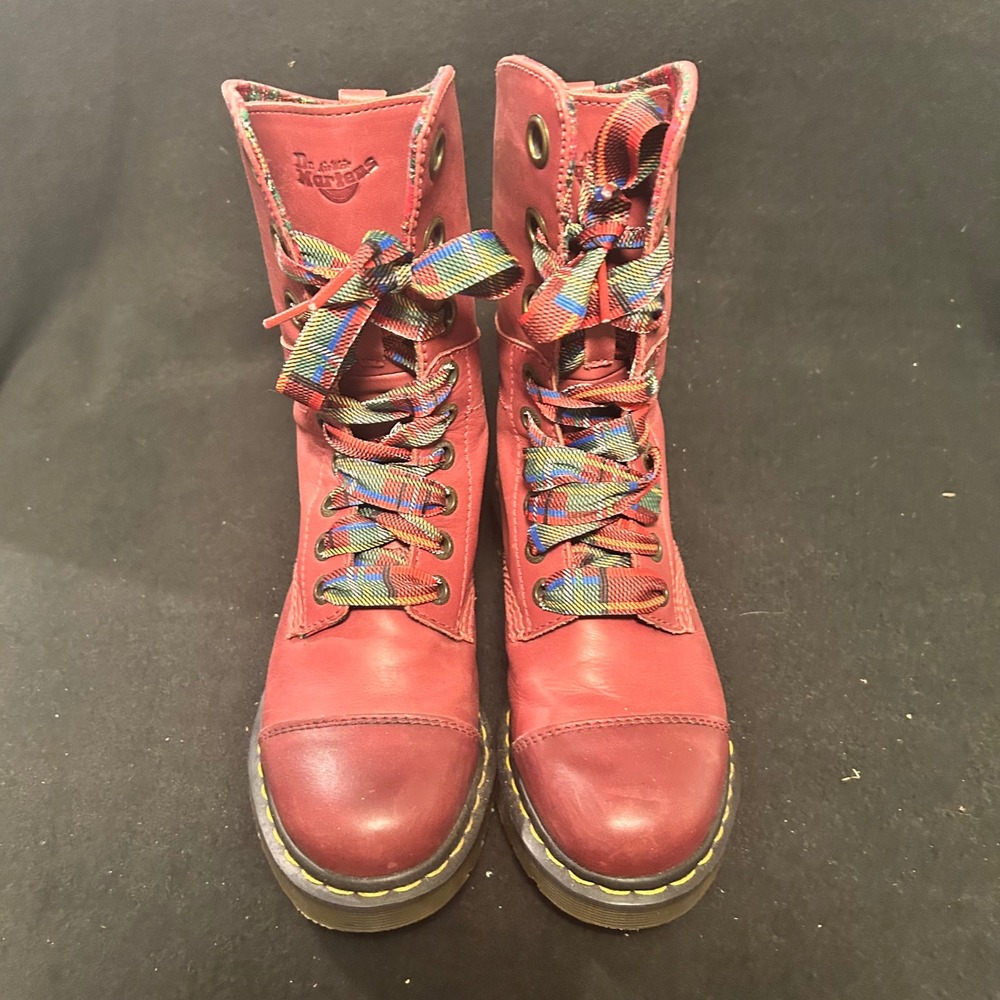 Dr. Martens Aimilita Boot Women 6 Red Leather Plaid Lined Fold Down Cap Toe